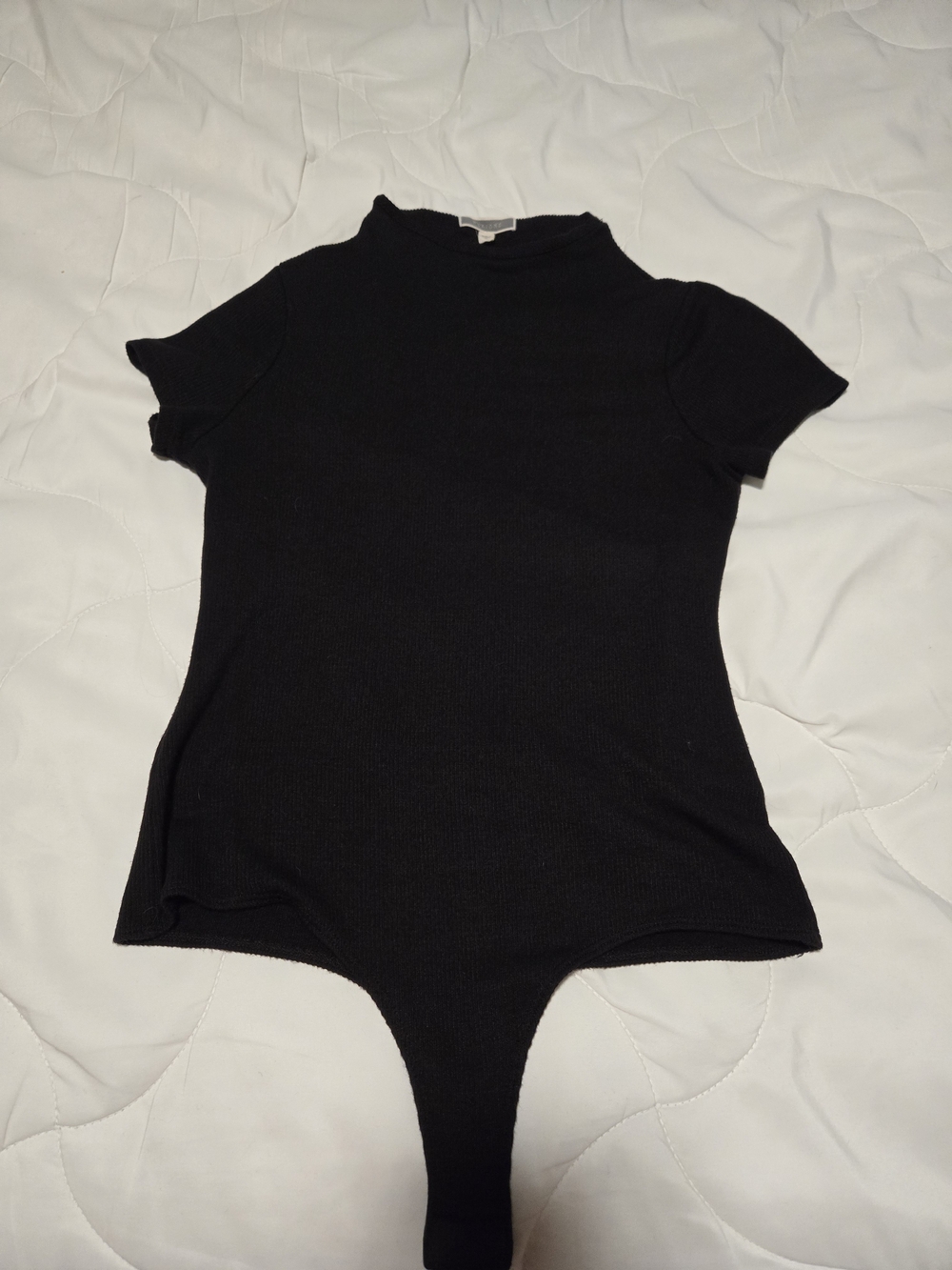 Pleione Black Ribbed Short Sleeve Mock Neck Bodysuit - Classic Fit